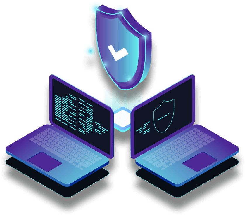 Cybersecurity concept with laptops and data shield banner